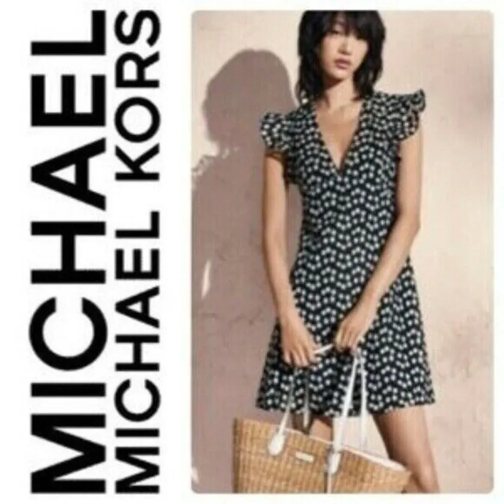 Michael Kors Daisy Floral Mesh Lace Flutter Sleeve Deep V-Neck Mini Dress NEW